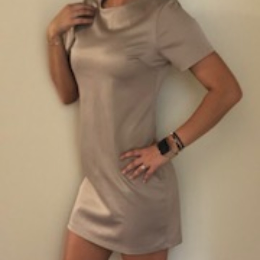 short-sleeved, tan, formal, dress